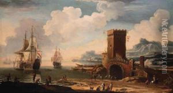 A Mediterranean Harbour With A 
Dutch Squadron Off The Coast Andfisherfolk On The Shore By A Castellated
 Tower Oil Painting - Jacob De Heusch