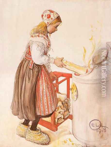 Lillanna Feeds The Heater Oil Painting - Carl Larsson