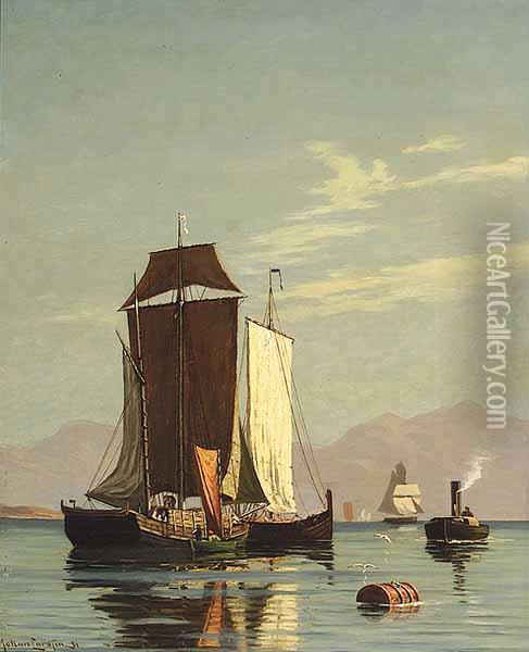 Sailing Vessels In Fjord Oil Painting - Johann Larssen