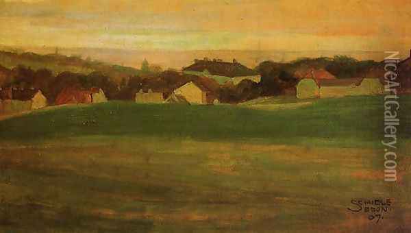 Meadow With Village In Background II Oil Painting - Egon Schiele