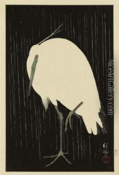 Egret In The Rain Oil Painting - Ohara Koson