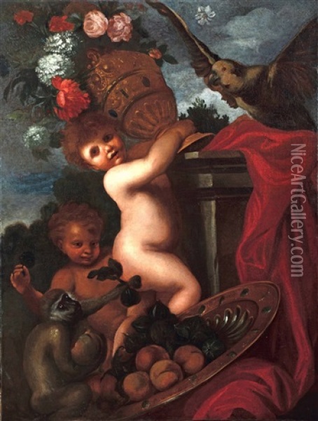 Gioco Di Putti Con Animali Fiori E Frutta Oil Painting - Domenico Piola