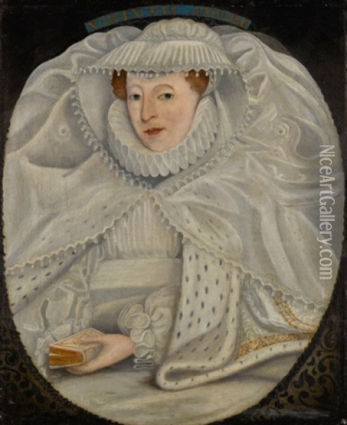 Portrait Of A Lady, Probably Elizabeth Cooke, Lady Hoby And Later Lady Russell (1528-1609), Half-length, In A White Dress, Ruff And Lace Cap, With An Ermine Cloak, A Bible In Her Left Hand, In A Painted Oval Oil Painting - Nicholas Hilliard