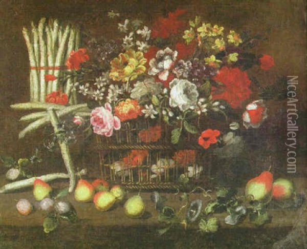 Stilleben Mit Blumen In Einem Bastkorb, Links Ein Bundel Spargel, Im Vordergrund Birnen Und Pflaumen Oil Painting - Felice Boselli