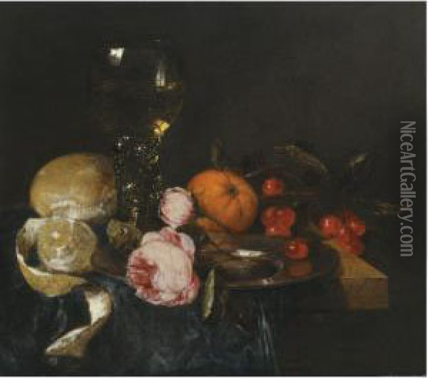 A Still Life With A Roemer, A 
Peeled Lemon, Bread, Roses On Apewter Plate, An Orange And Cherries, All
 On A Draped Table Oil Painting - Abraham Hendrickz Van Beyeren