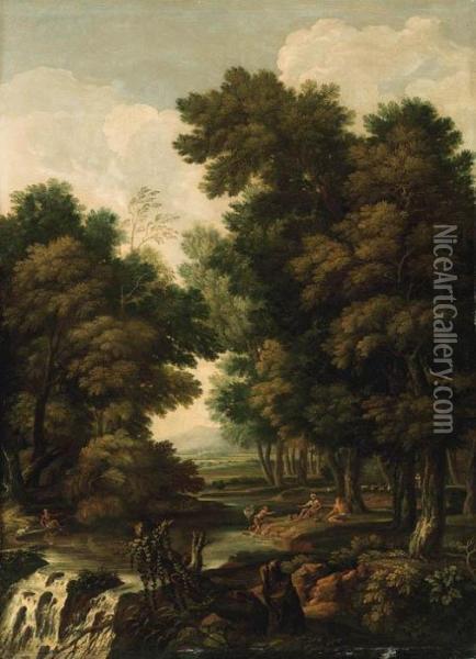 A Wooded River Landscape With Fishermen Sitting On A Bank Oil Painting - Jan Frans Van Bloemen (Orizzonte)