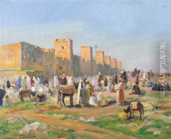 Marche Devant Les Remparts De Marrakech Oil Painting - Gaston Jules Louis Durel