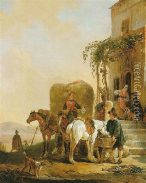 Ryttarsallskap Vid Vardshus Oil Painting - Joseph Jodocus Moerenhout