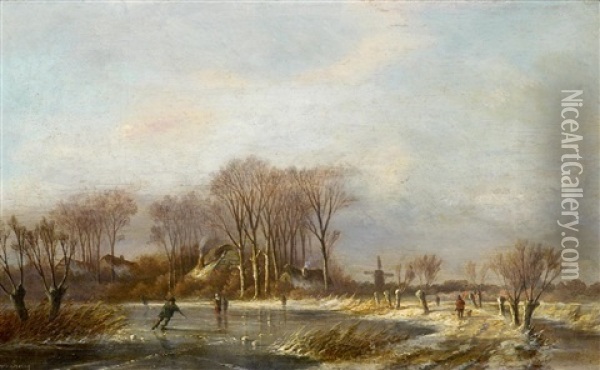 Hollandische Winterlandschaft Mit Personen Auf Dem Eis Oil Painting - Louis (Ludwig) Sierig