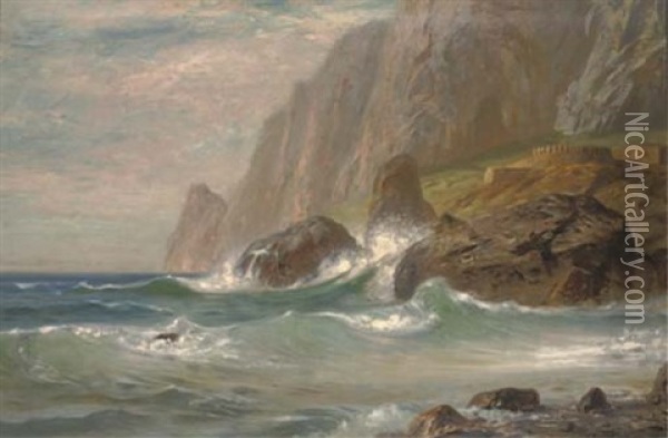 Waves Crashing Against A Rocky Cove Oil Painting - Ernest Karl Eugen Koerner