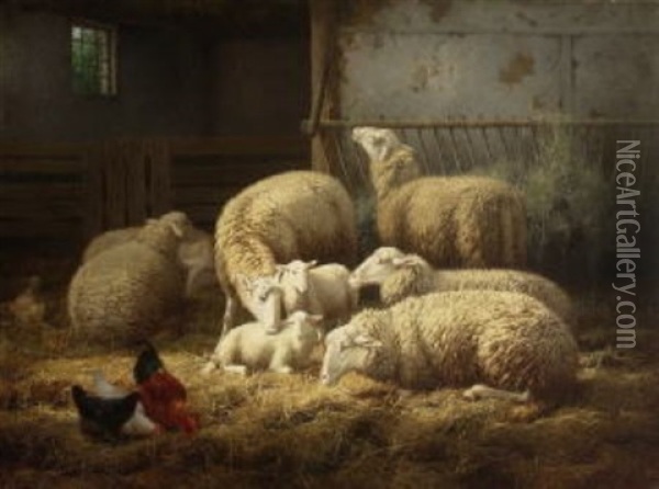 Schafe Und Huhner Im Stall Oil Painting - Theo van Sluys