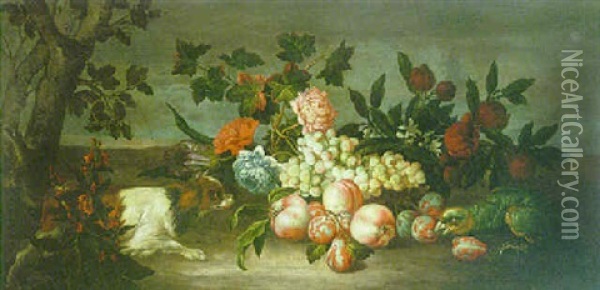 Landscape With A Still Life Of Fruit And Flowers With A Parrot And A Dog Oil Painting - Jakob Bogdani