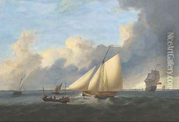 A First Rate ship-of-the-line arriving off a Naval port with an Admiralty cutter running down the coast astern of her Oil Painting - Thomas Luny