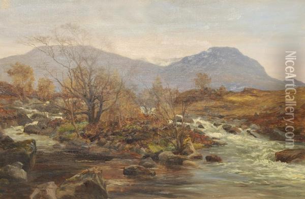 Scottish River Landscape With Snow Capped Mountains In The Distance Oil Painting - William D.D. Dickie