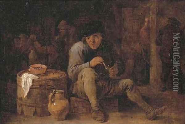 A seated peasant smoking in an interior, other figures in the background Oil Painting - David The Younger Teniers