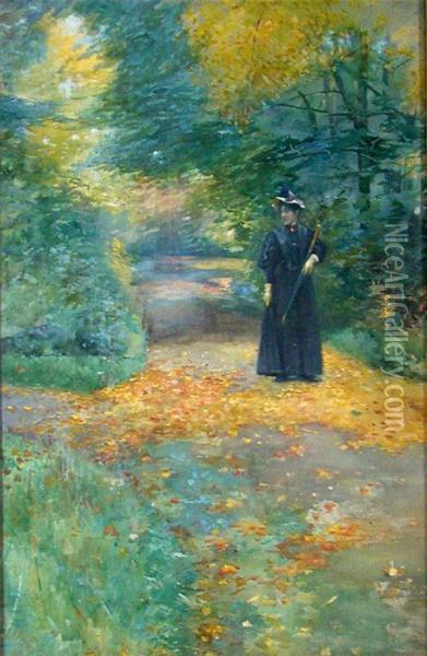 Spaziergangerin Auf Herbstlichem Parkweg Oil Painting - Rudolf Possin