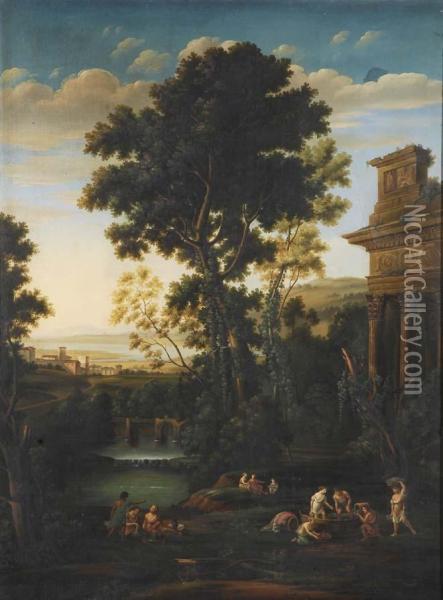 Paesaggio Con Architetture E Figure Oil Painting - Domenico Conte