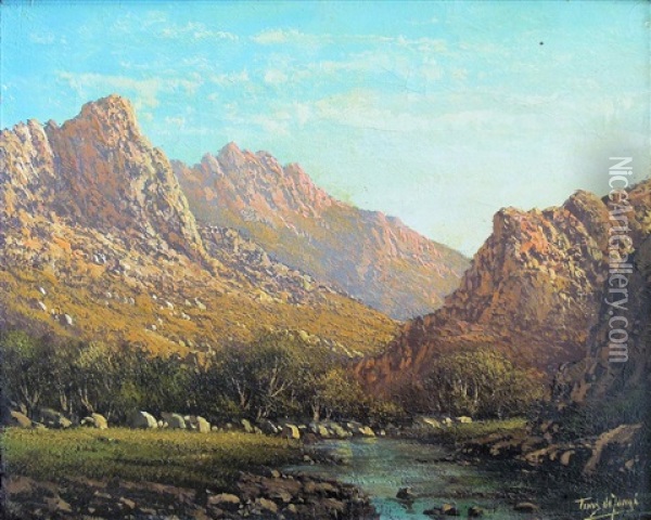 Mountainous Landscape With River Oil Painting - Tinus de Jongh