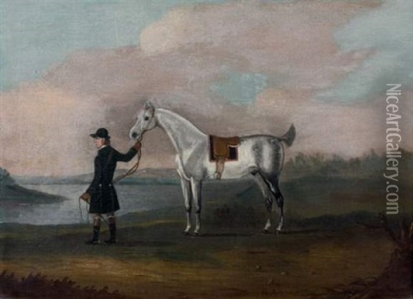 A Grey Hunter Held By His Groom In A Landscape Oil Painting - Francis Sartorius the Elder