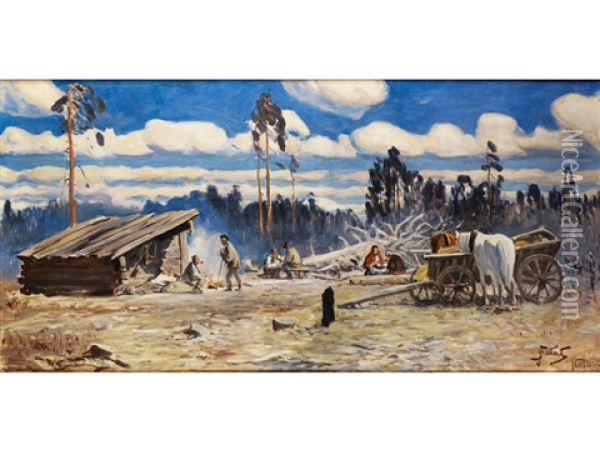 Winterlager Der Jager In Nieswiez Oil Painting - Julian Falat