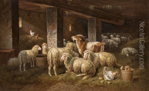 Ziegenbock Und Schafe Im Stall Oil Painting - Anton Schroedl