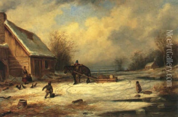 Habitant Farm, Winter Oil Painting - Cornelius David Krieghoff
