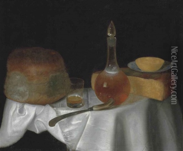 Cheese, Bread, A Glass Of Beer And A Decanter Of Wine On A Draped Table Oil Painting - George Smith of Chichester