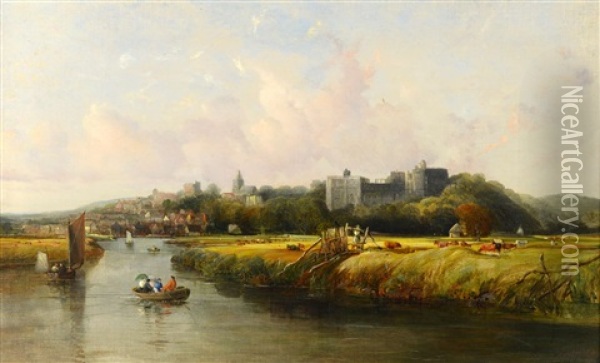 View Of Arundel Castle With Boats On A River, Cattle And Buildings Oil Painting - Alfred Clint