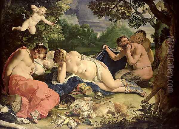 Diana and Nymphs Sleeping Visited by Satyrs Oil Painting - Abraham Janssens van Nuyssen