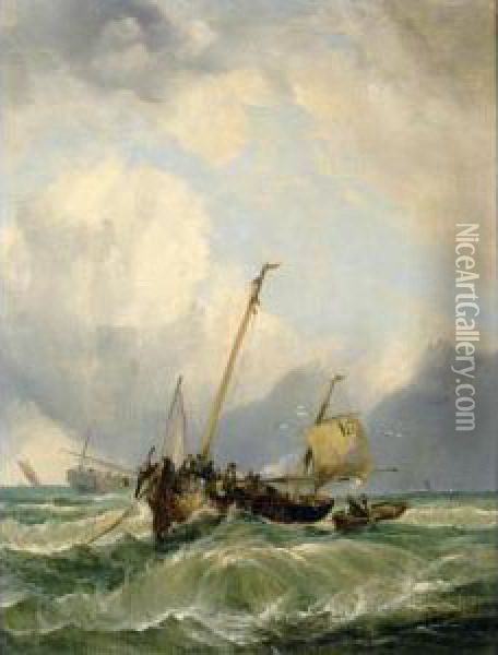 Fishing Boats In A Heavy Swell Oil Painting - Richard Henry Nibbs