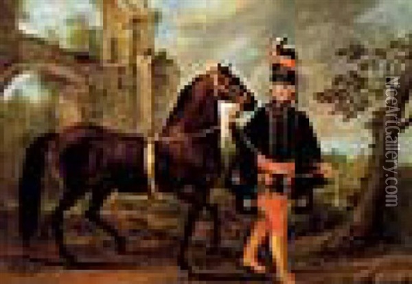 Ein Husar, Der Ein Pferd Fuhrt Oil Painting - Johann Georg Pforr