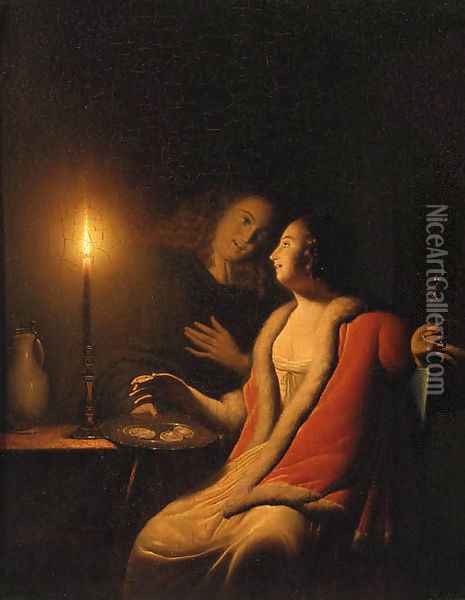 A Gentleman making advances on a Lady by Candlelight Oil Painting - Godfried Schalcken