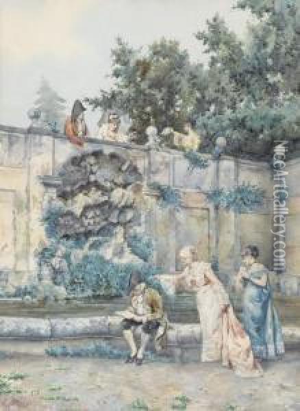 Hofische Gesellschaft An Einem Parkbrunnen. Oil Painting - Pietro Gabrini