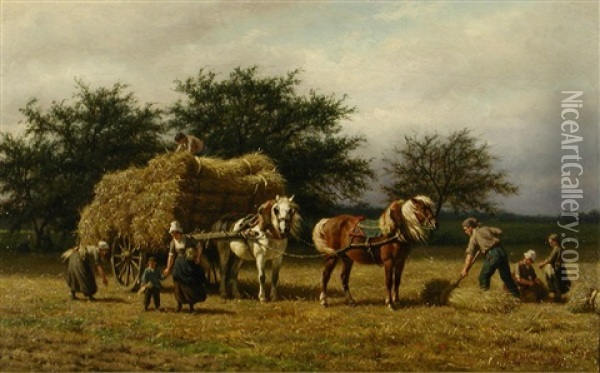Harvest Scene With Peasants Loading A Haycart Oil Painting - Willem Carel Nakken
