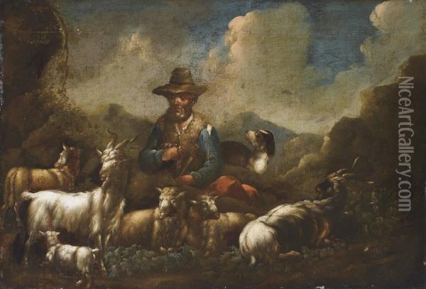 A Herder With Sheep, Goats And A Dog In An Mountainous Landscape Oil Painting - Gaetano De Rosa