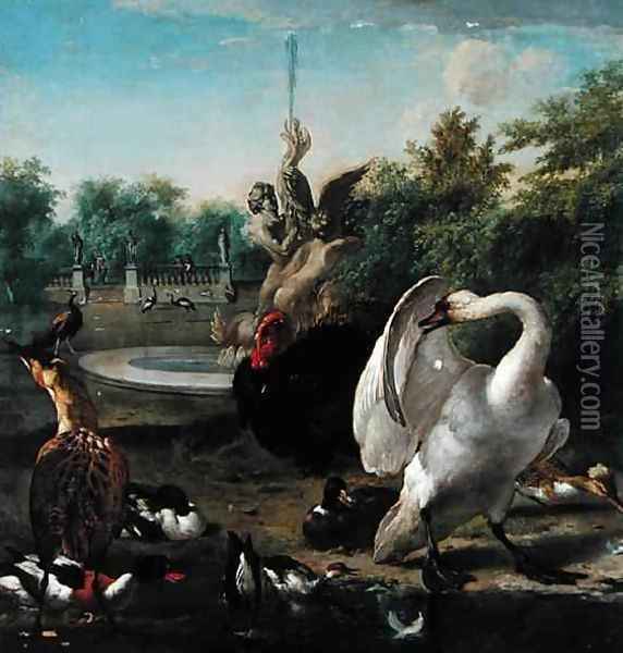 A Park with Swan and Other Birds Oil Painting - Melchior de Hondecoeter