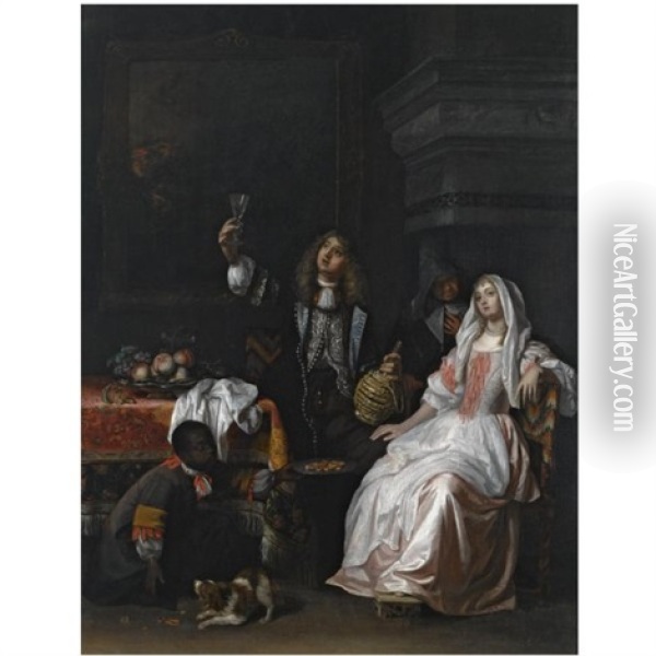 An Elegant Couple Drinking In An Interior, Together With A Servant Offering Biscuits And An Elderly Woman Oil Painting - Reinier De La Haye