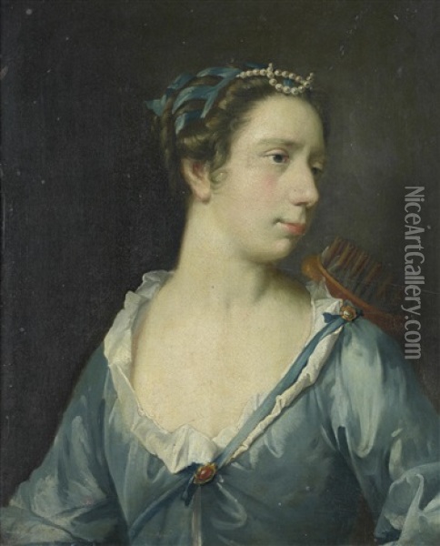 Portrait Of A Lady As Diana, In A Blue Silk Dress Oil Painting - Frans Van Der Myn