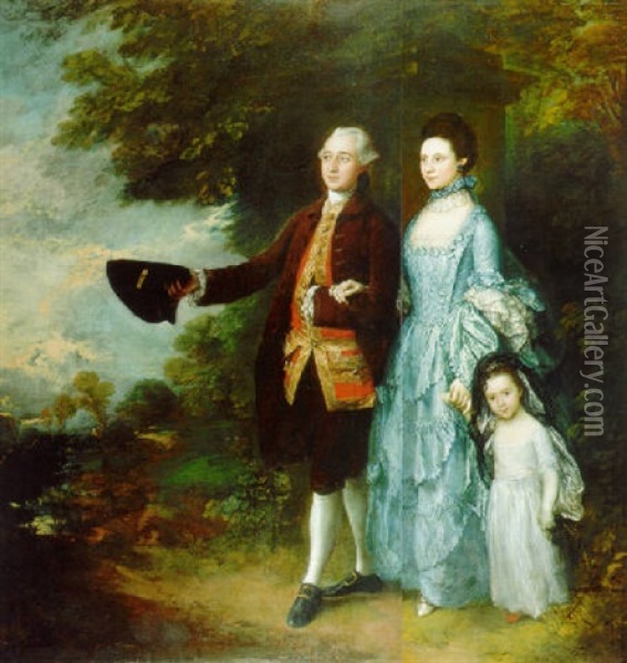 The Byam Family: Group Portrait Of Mr. And Mrs. George Byam And Their Eldest Daughter Selina In A Wooded Landscape Oil Painting - Thomas Gainsborough
