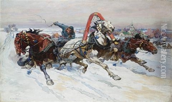 Speeding Troika Oil Painting - Nikolai Semenovich Samokish