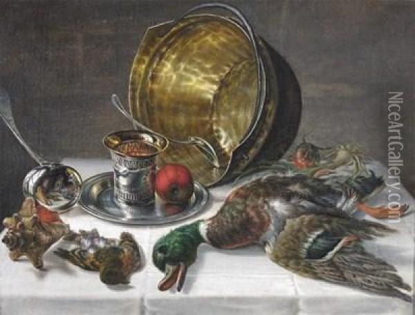 Still Life Of Silver, Birds, Fruit And A Shell With A Small Reflection Of The Artist Oil Painting - Carl Vilhelm Balsgaard
