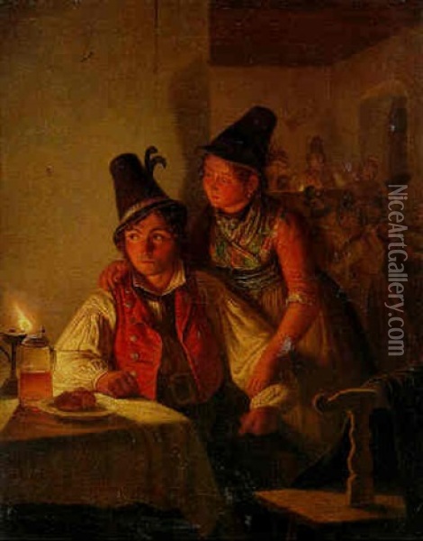 Junges Tegernseer Paar In Der Gaststube Oil Painting - Carl Friedrich Moritz Mueller