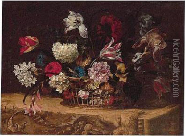 Still Life Of Summer Flowers In A Wicker Basket Upon A Stone Frieze Oil Painting - Nicolas Baudesson