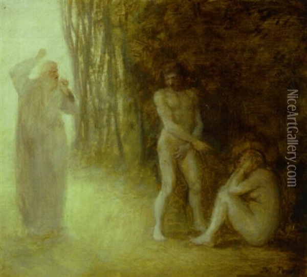 Adam Og Eva Fordrives Fra Paradisets Have Oil Painting - Julius Paulsen