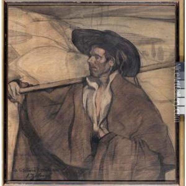 Campesino Con Paisaje (peasant In A Landscape) Oil Painting - Ignacio Zuloaga Y Zabaleta