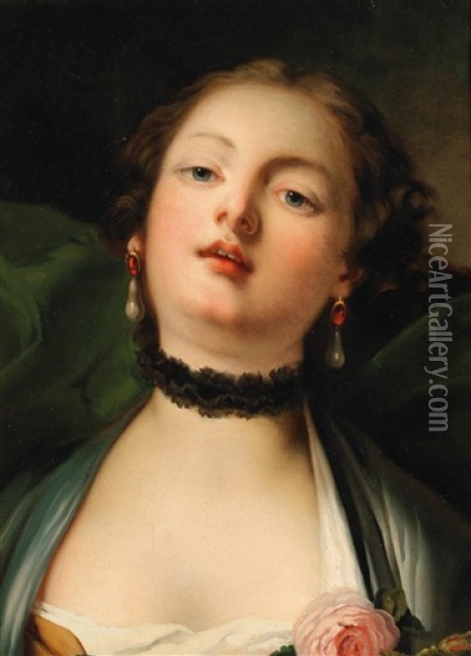 Portrait Of A Young Lady With A Black Lace Choker Oil Painting - Pietro Antonio Rotari