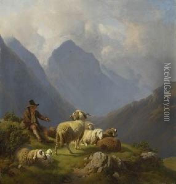 Rastender Hirtenknabe Mit Ruhenden Schafen In Gebirgslandschaft. Oil Painting - Robert Eberle