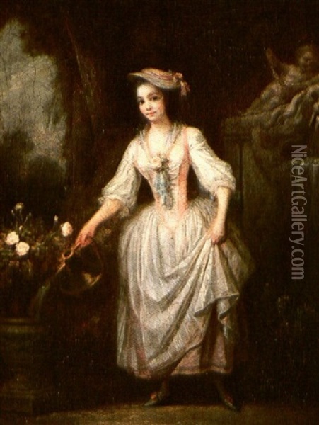 A Girl Watering Roses In A Garden Setting Oil Painting - Jean-Frederic Schall