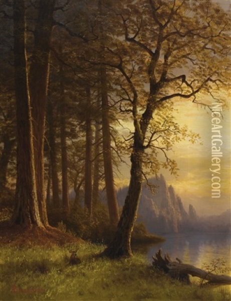 Sunset In California, Yosemite Oil Painting - Albert Bierstadt