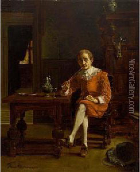An Elegant Man Drinking And Smoking In An Interior Oil Painting - Franz Moormans